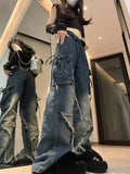 Uniwim Vintage Y2k Women Black Baggy Cargo Jeans with Star Gothic Harajuku 90s Aesthetic Denim Trousers Kpop 2000s Jean Pants