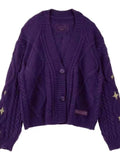 Uniwim Vintage Y2k Star Knitted Cardigans Women Harajuku Embroidered Purple Long Sleeve Cardigans Autumn Casual Sweater Coat