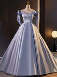 Uniwim 2024 Blue Satin Ball Gown Off Shoulder Long Party Dress, Blue Satin Prom Dress