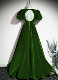 Uniwim Green Velvet Backless Long Party Dress, Green Short Sleeves Formal Dress Prom Dress