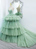 Uniwim Light Green Tulle Layers Low Back Prom Dress, Light Green Sweet 16 Dress