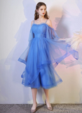 Uniwim Blue Tulle Straps Beaded Layers Tea Length Party Dress, Blue Homecoming Dress