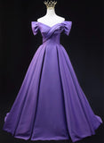 Uniwim Purple Satin A-line Off Shoulder Long Party Dress, Purple Evening Dress Prom Dress