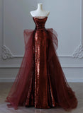 Uniwim 2024 Wine Red Sequins and Tulle Beaded Long Party Dress, Wine Red Evening Dress