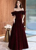 Uniwim Off Shoulder Wine Red Velvet A-line Party Dress, Wine Red Prom Dress