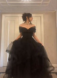 Uniwim 2024 Black Tulle Sweetheart Off Shoulder Long Party Dress, A-line Black Prom Dress