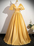 Uniwim 2024 A-line Yellow Satin V-neckline Long Prom Dress, Yellow Satin Evening Dress