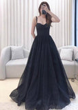 Uniwim 2024 A-line Black Tulle Sweetheart Straps Long Party Dress, Black Tulle Prom Dress