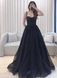 Uniwim 2024 A-line Black Tulle Sweetheart Straps Long Party Dress, Black Tulle Prom Dress