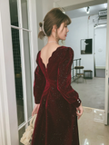 Uniwim Wine Red Velvet Long Sleeves Party Dress, Wine Red V-neckline Prom Dress Evening Dress