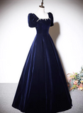 Uniwim Navy Blue A-line Velvet Long Evening Dress, Short Sleeves Beaded Prom Dress