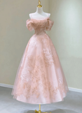 Uniwim Lovely Pink Tea Length Straps Tulle Formal Dress, Pink Tea Length Prom Dress