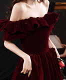 Uniwim Off Shoulder Wine Red Velvet A-line Party Dress, Wine Red Prom Dress