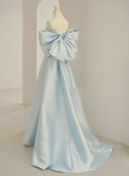 Uniwim Light Blue Satin A-line Simple Long Prom Dress, Light Blue Long Formal Dress