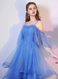 Uniwim Blue Tulle Straps Beaded Layers Tea Length Party Dress, Blue Homecoming Dress