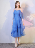 Uniwim Blue Tulle Straps Beaded Layers Tea Length Party Dress, Blue Homecoming Dress