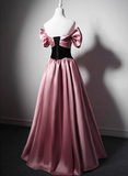 Uniwim Off Shoulder Satin Scoop A-line Long Party Dress, Pink and Black Prom Dress Evening Dress