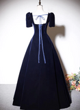 Uniwim Navy Blue A-line Velvet Long Evening Dress, Short Sleeves Beaded Prom Dress