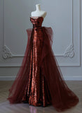 Uniwim 2024 Wine Red Sequins and Tulle Beaded Long Party Dress, Wine Red Evening Dress