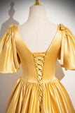 Uniwim 2024 A-line Yellow Satin V-neckline Long Prom Dress, Yellow Satin Evening Dress