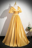 Uniwim 2024 A-line Yellow Satin V-neckline Long Prom Dress, Yellow Satin Evening Dress