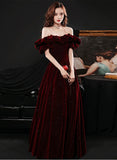 Uniwim Off Shoulder Wine Red Velvet A-line Party Dress, Wine Red Prom Dress