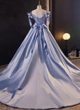 Uniwim 2024 Blue Satin Ball Gown Off Shoulder Long Party Dress, Blue Satin Prom Dress