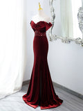 Uniwim 2024 Wine Red Mermaid Velvet Long Party Dress, Wine Red Prom Dress Evening Dress