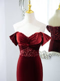 Uniwim 2024 Wine Red Mermaid Velvet Long Party Dress, Wine Red Prom Dress Evening Dress