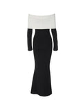 Uniwim Contrast Color Trim Off Shoulder Long Sleeve Maxi Dress