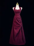 Uniwim A-line Wine Red Halter Sweetheart Long Party Dress, A-line Prom Dress