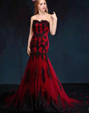 Uniwim Wine Red Mermaid Long Party Dress with Black Lace, Mermaid Tulle Prom Dress