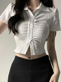 Uniwim ootd Pleated Slim White Short Sleeves Shirts