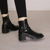 Uniwim Christmas Gifts Black Belt Buckle Round Toe Mid Heel Short Boots For Women