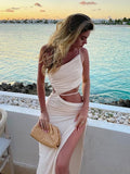 Uniwim Elegant Sexy Cut Out Drawstring Ruched Long Dress for Women Summer Holiday Outfits Club Party Split Maxi Dresses