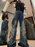 Uniwim Vintage Y2k Women Black Baggy Cargo Jeans with Star Gothic Harajuku 90s Aesthetic Denim Trousers Kpop 2000s Jean Pants