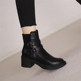 Uniwim Christmas Gifts Black Belt Buckle Round Toe Mid Heel Short Boots For Women