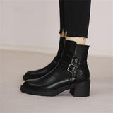 Uniwim Christmas Gifts Black Belt Buckle Round Toe Mid Heel Short Boots For Women