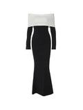 Uniwim Contrast Color Trim Off Shoulder Long Sleeve Maxi Dress