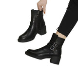 Uniwim Christmas Gifts Black Belt Buckle Round Toe Mid Heel Short Boots For Women