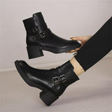 Uniwim Christmas Gifts Black Belt Buckle Round Toe Mid Heel Short Boots For Women