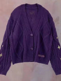 Uniwim Vintage Y2k Star Knitted Cardigans Women Harajuku Embroidered Purple Long Sleeve Cardigans Autumn Casual Sweater Coat