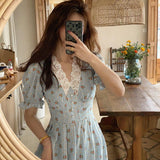 Uniwim Vintage Floral Dress Women Elegant Lace Chiffon Korean Party Dress Puff Sleeve V Neck Midi Dress Cottagecore Dresses Women 2024