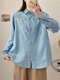 Uniwim ootd Vintage Bear Flower Embroidery Denim Blouses&Shirts