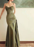 Uniwim Lovely Green Satin Sweetheart Straps Long Party Dress, Green Satin Prom Dress