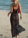 Uniwim Chiffon Sheer Polka Dot Print Backless Long Dress