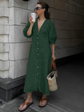 Uniwim Cotton & Linen Button-Front Knotted Long Dress