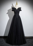 Uniwim Black Off Shoulder A-line Tulle with Lace Party Dress, Black Long Prom Dress