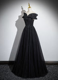 Uniwim Black Off Shoulder A-line Tulle with Lace Party Dress, Black Long Prom Dress