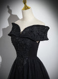 Uniwim Black Off Shoulder A-line Tulle with Lace Party Dress, Black Long Prom Dress